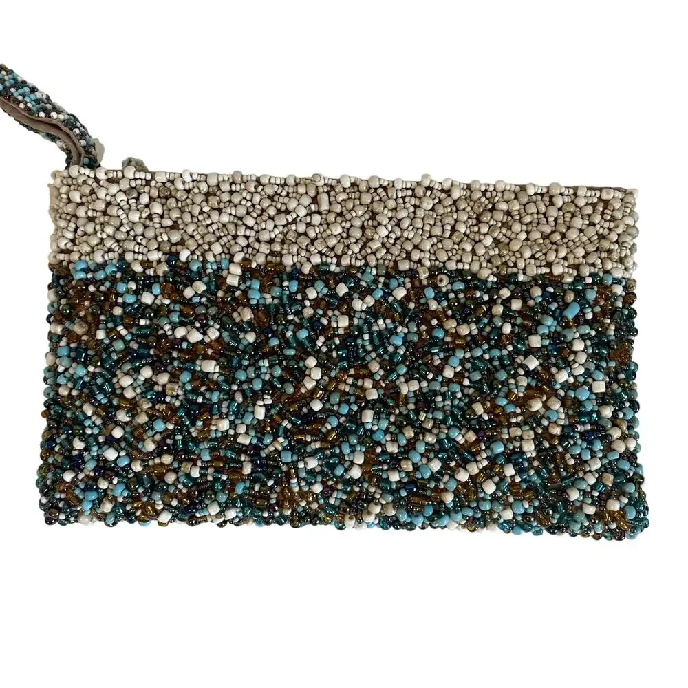 Glass Beaded Mini Wristlet Clutch Y2K Boho Evening Bag Multicolor Blue Cream